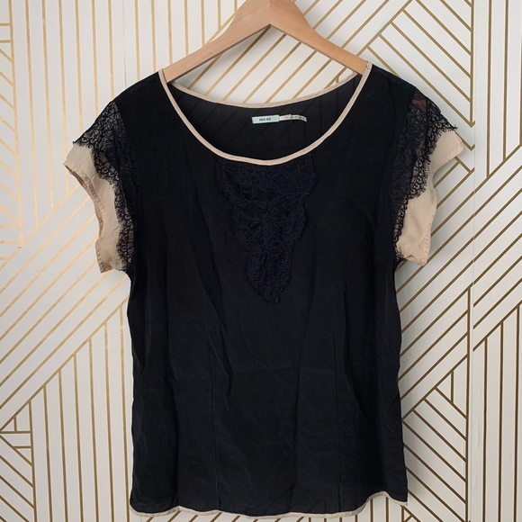 Kimchi Blue 100% Silk Lacs trim Blouse scoop neck  short sleeve piping trim L - Picture 1 of 8